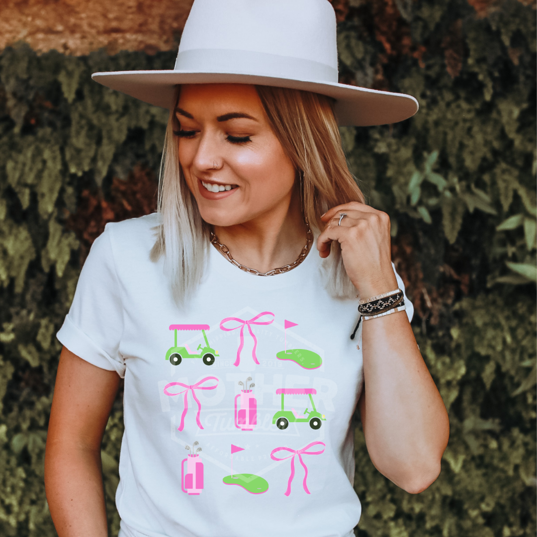 Golf Carts and Bows Clear Screen Print Transfer Mother Tumbler