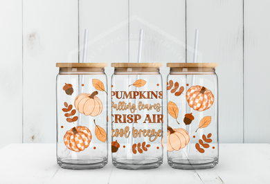 Pumpkins Falling Leaves UV DTF Glass Tumbler Wrap